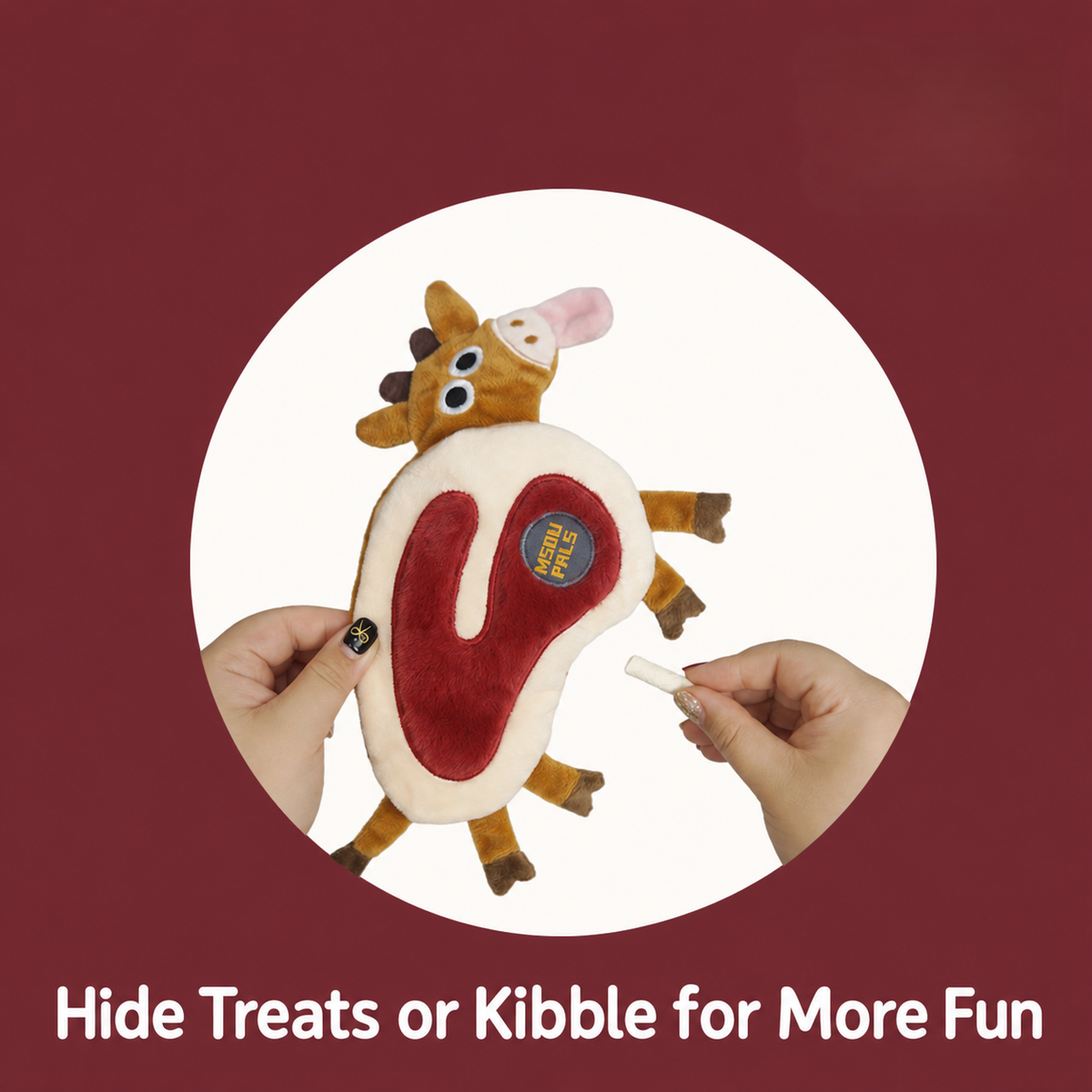 Beef steak snuffle dog toy with treat being placed inside the hiding pocket