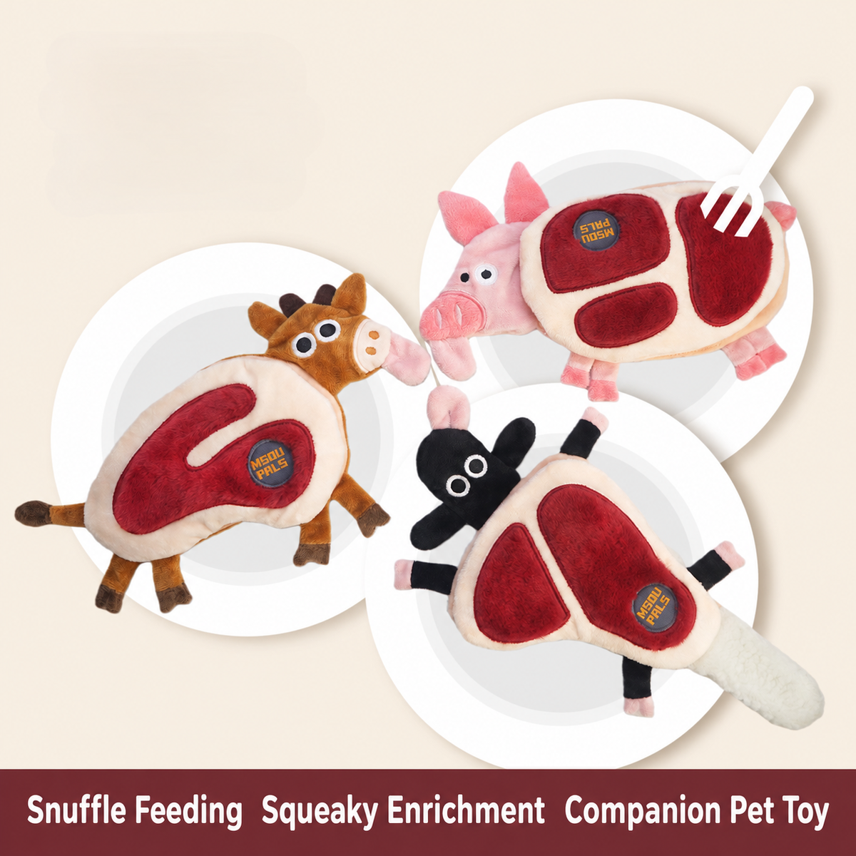 Three meat-shaped snuffle plush pet toy styles displayed on plates