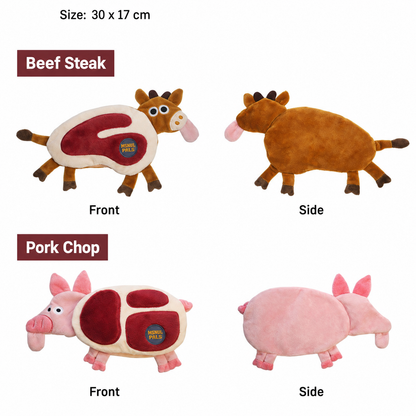 Front and back views of beef steak and pork chop snuffle pet toys
