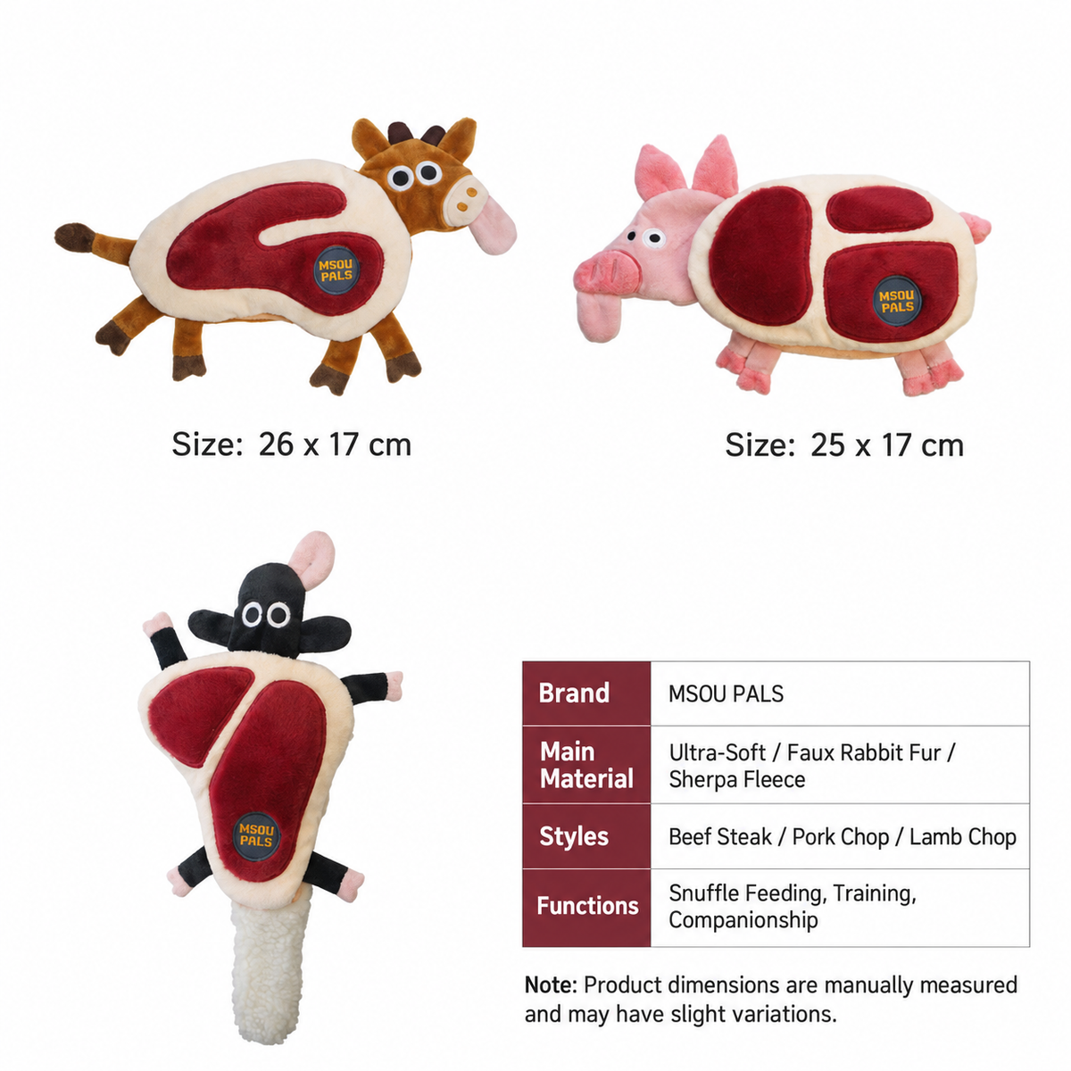 MSOU PALS meat snuffle pet toy sizes and three available animal styles