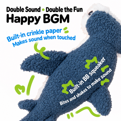 Hammerhead shark plush toy detail showing built-in squeaker and crinkle paper areas