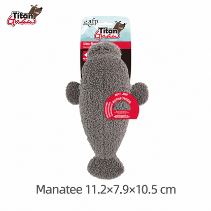 AFP Titan gray manatee plush pet toy in retail packaging