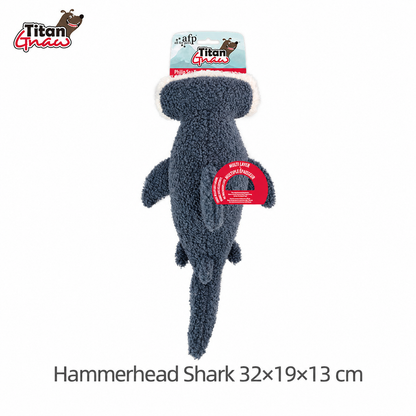 AFP Titan blue hammerhead shark plush pet toy measuring 32 by 19 by 13 centimeters