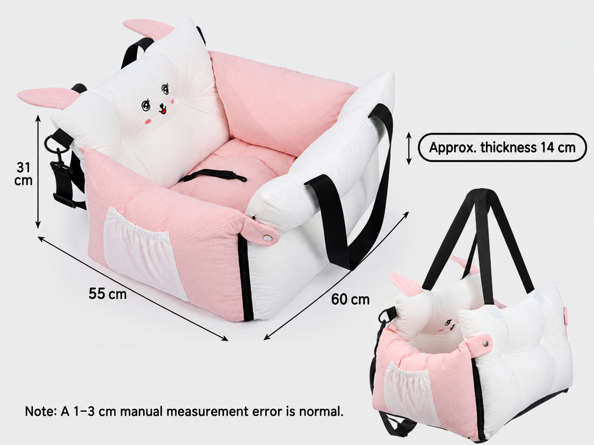Pink puppy pet car booster seat size diagram measuring 60 by 55 by 31 centimeters