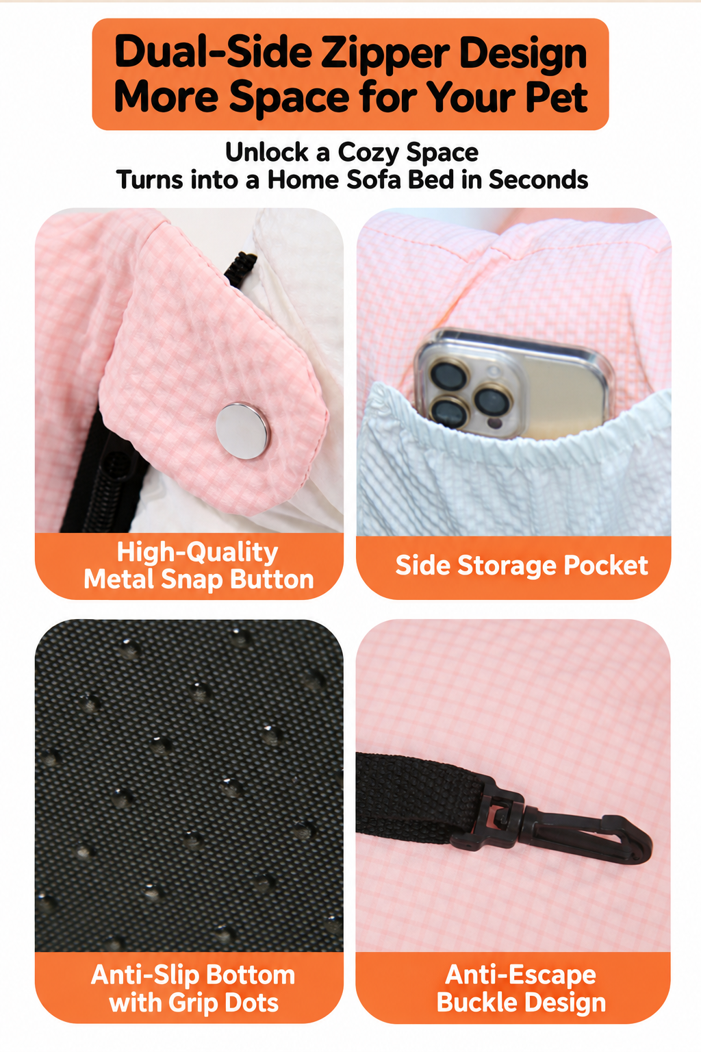 Pet booster seat details including snap button storage pocket nonslip bottom and tether clip