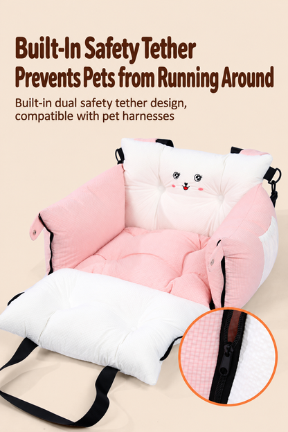 Pink pet car seat opened to show integrated harness tether and zippered side panel