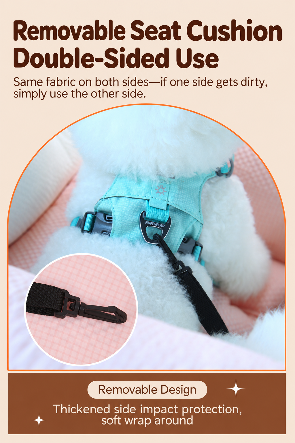 Removable reversible cushion and harness tether clip inside pink pet car booster seat