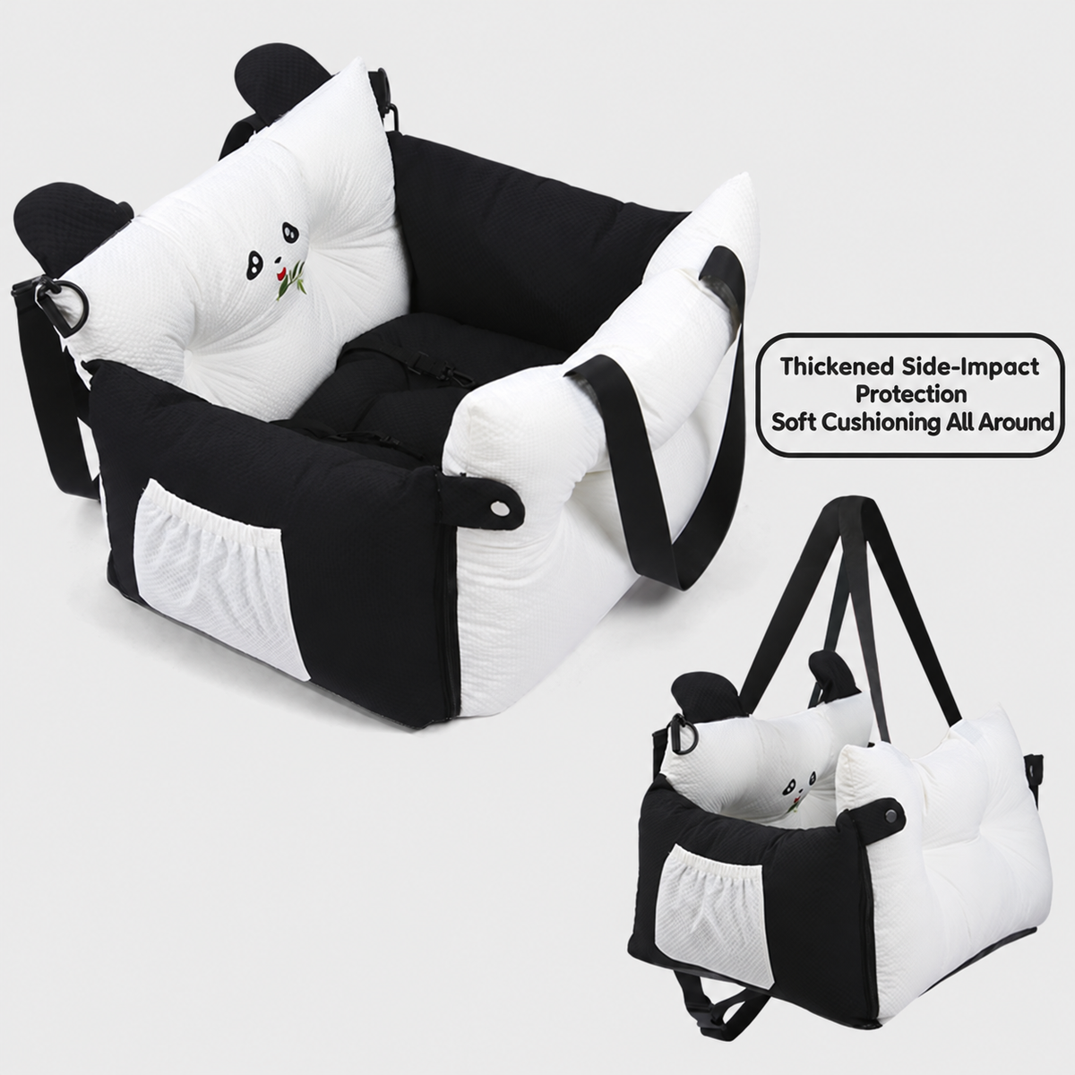 Black panda convertible pet car seat and portable carrier with cushioned walls