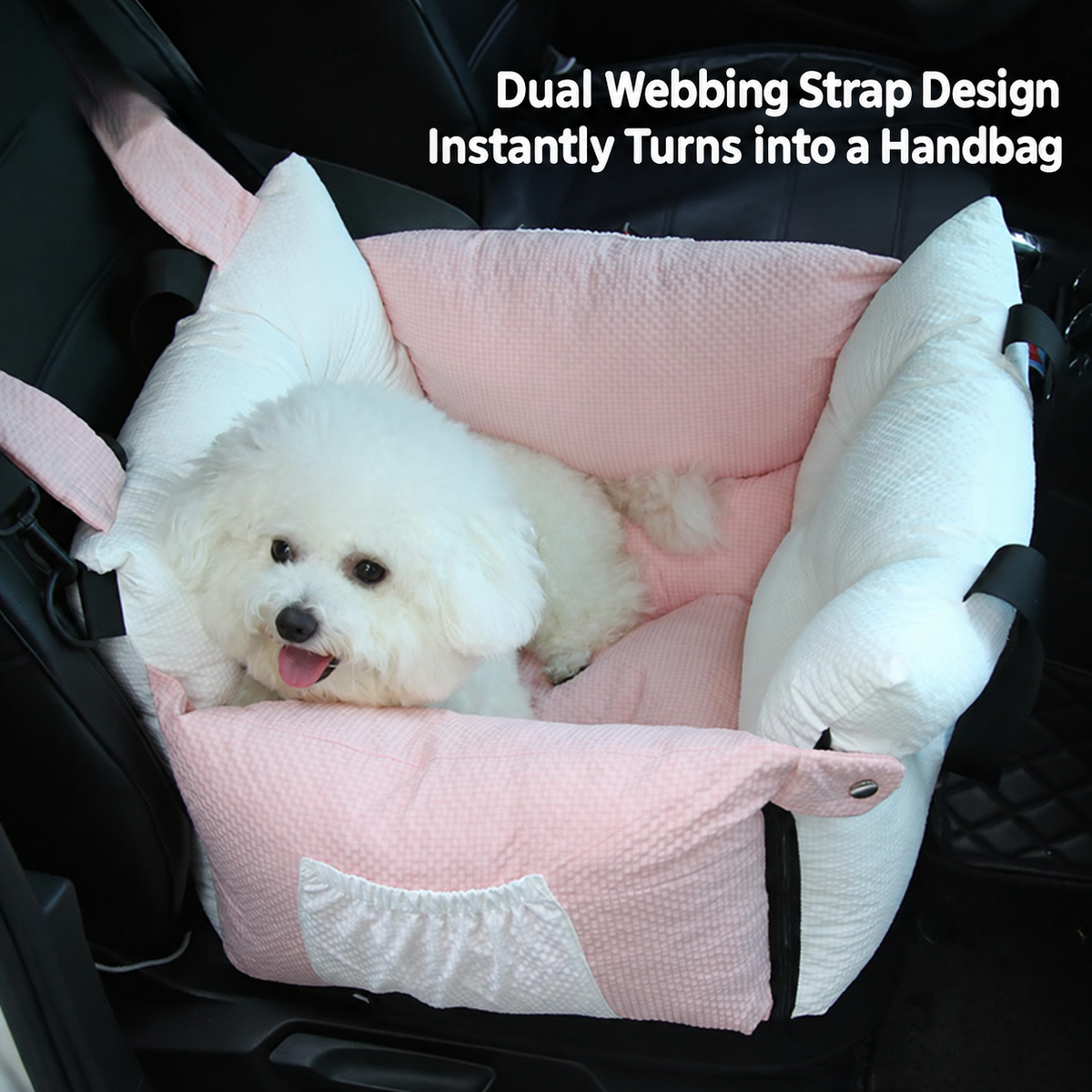 Pink puppy pet car seat showing webbing straps that convert it into a carrier bag