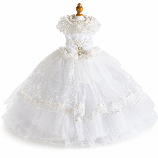 white dog wedding dress with crinoline skirt