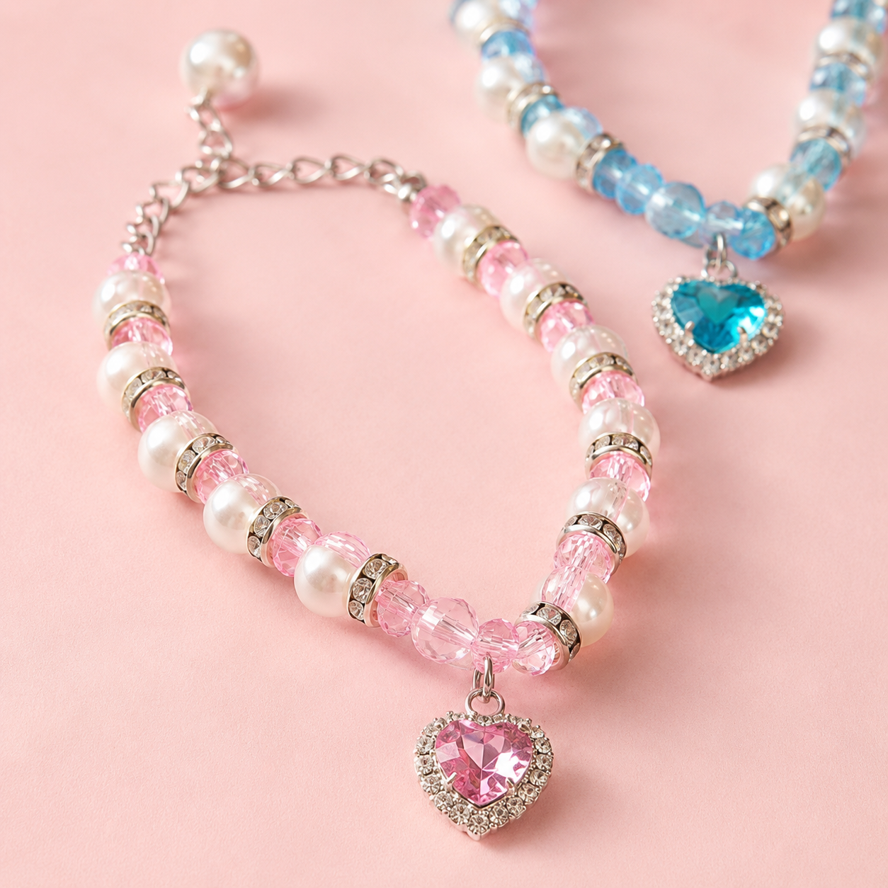 Pink heart crystal pet necklace with pearl and crystal beads for small dogs
