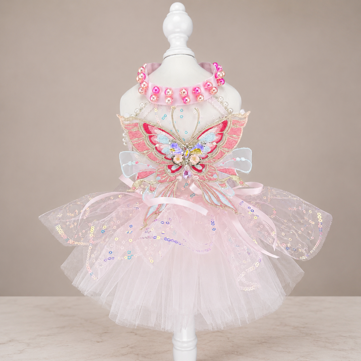 Pink butterfly tulle pet dress front view with beaded collar and lace details