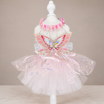 Pink butterfly tulle pet dress front view with beaded collar and lace details