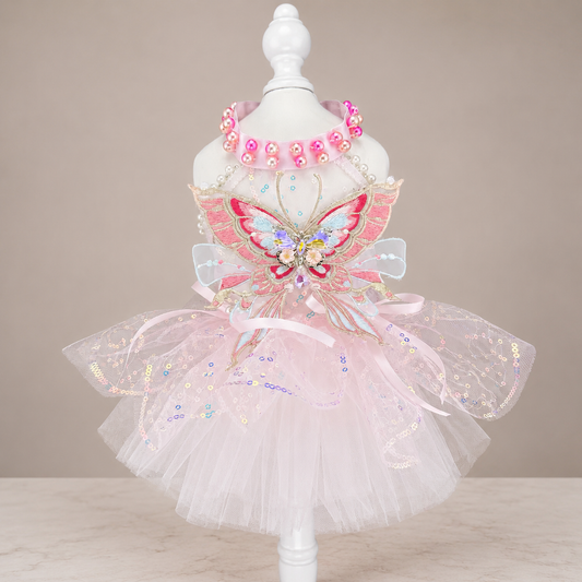 Pink butterfly tulle pet dress front view with beaded collar and lace details