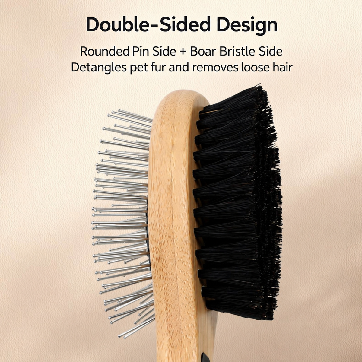 Double-sided pet grooming brush with rounded metal pins and dense black bristles