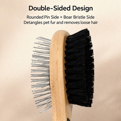 Double-sided pet grooming brush with rounded metal pins and dense black bristles