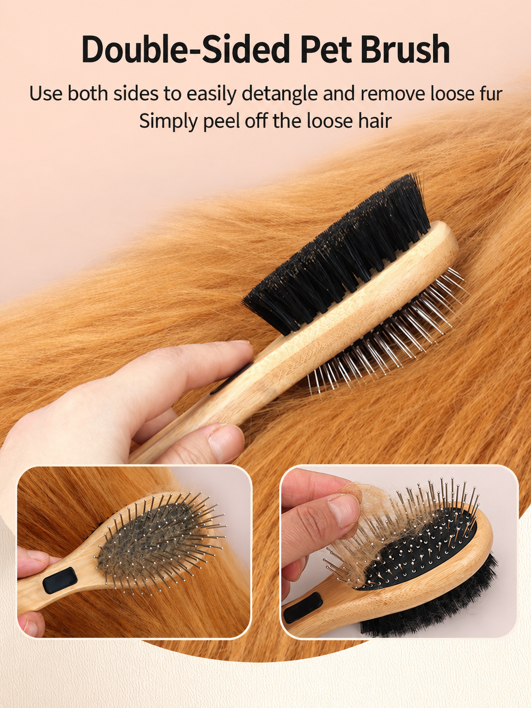 Double-sided pet brush on fur with loose hair collection insets