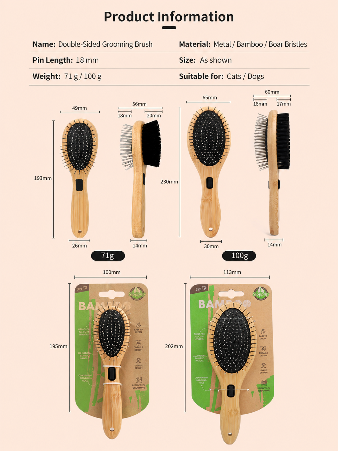 Small and medium bamboo pet grooming brush size chart