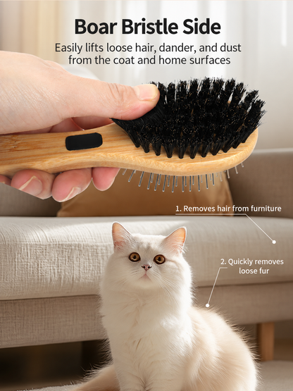 Black bristle side of double-sided pet brush shown with a cat