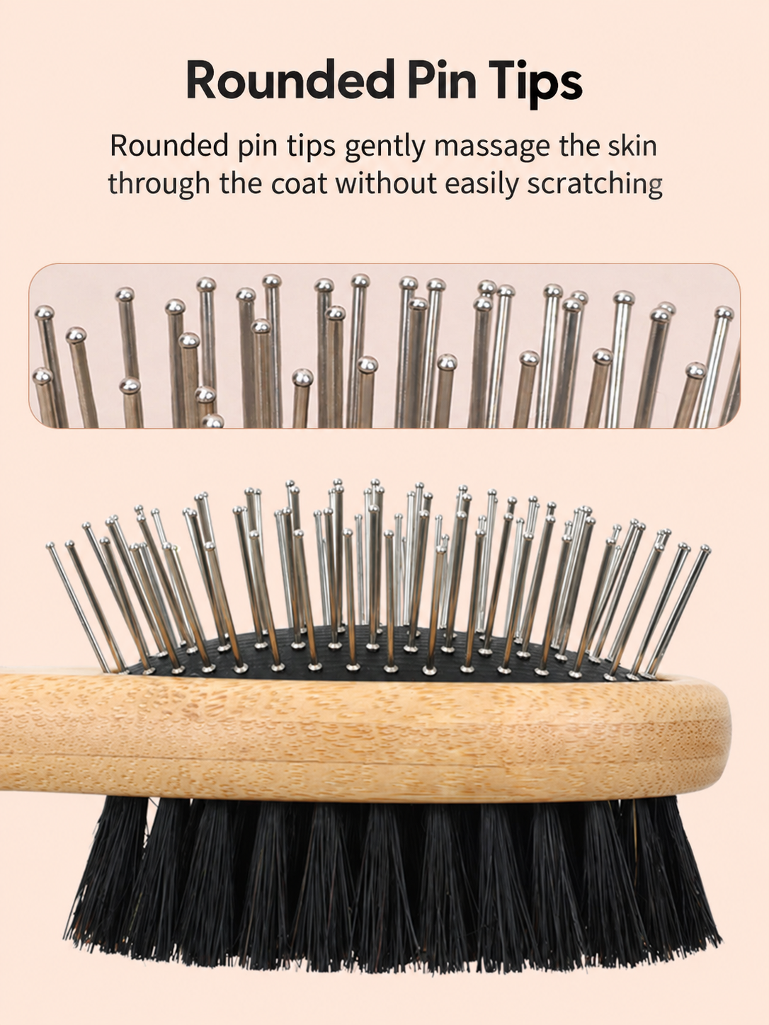 Close view of rounded metal pin tips on pet grooming brush