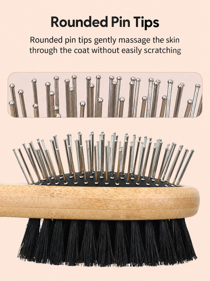 Close view of rounded metal pin tips on pet grooming brush