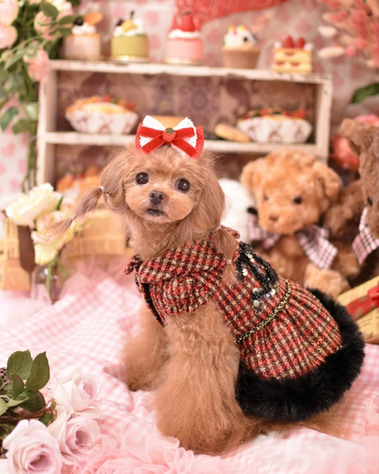 Pet Dress Classic Red Tweed  with Faux Fur Hem & Sequin Detail - Party Outfit