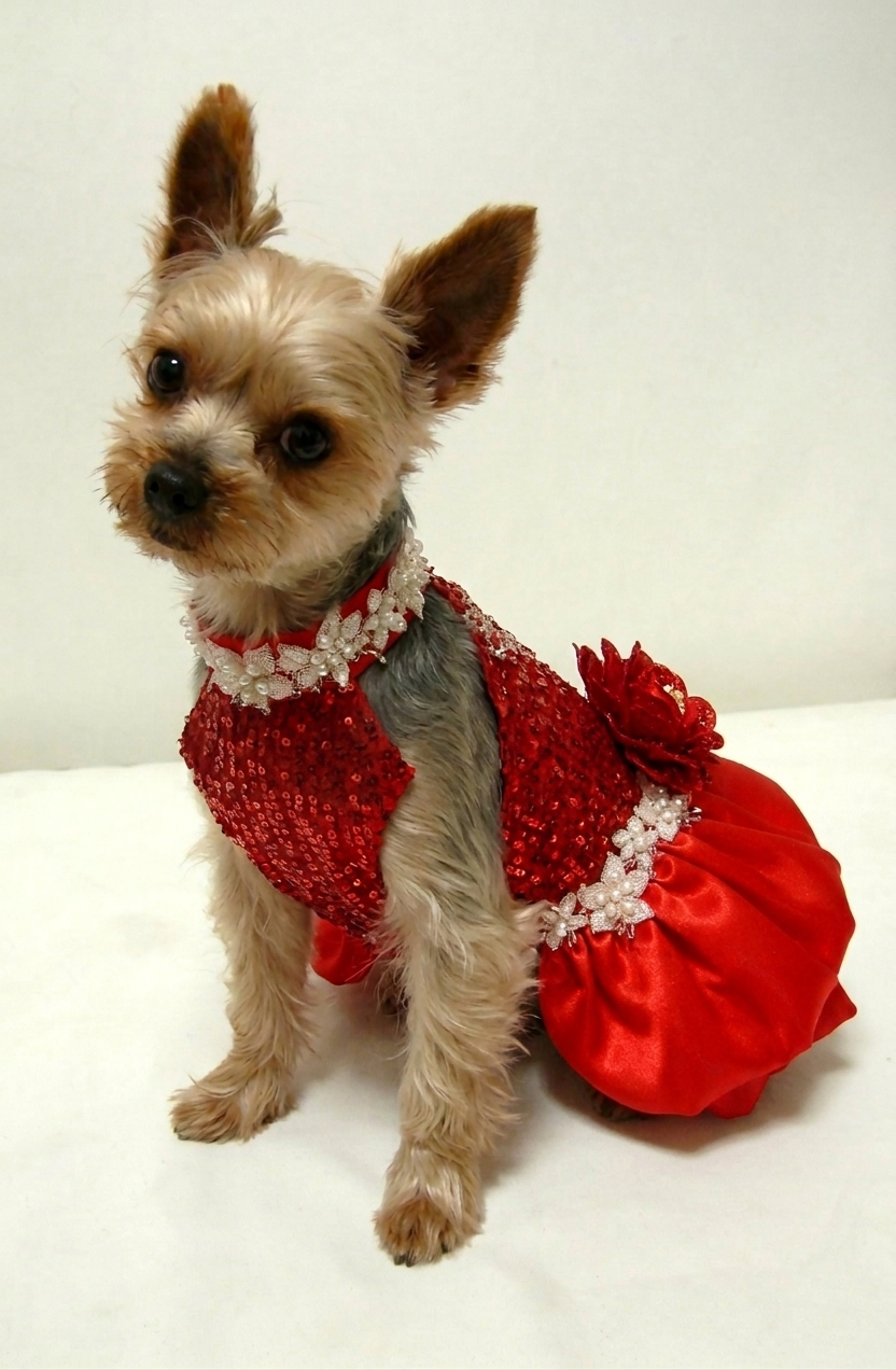 Handmade Luxury Red Sequin Dog Dress – Elegant Pet Party Dress with Pearl Lace