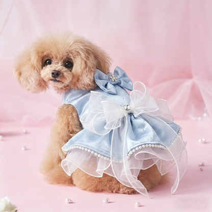 Luxury Blue Satin Dog Dress for Wedding Party | Small Dog Princess Outfit