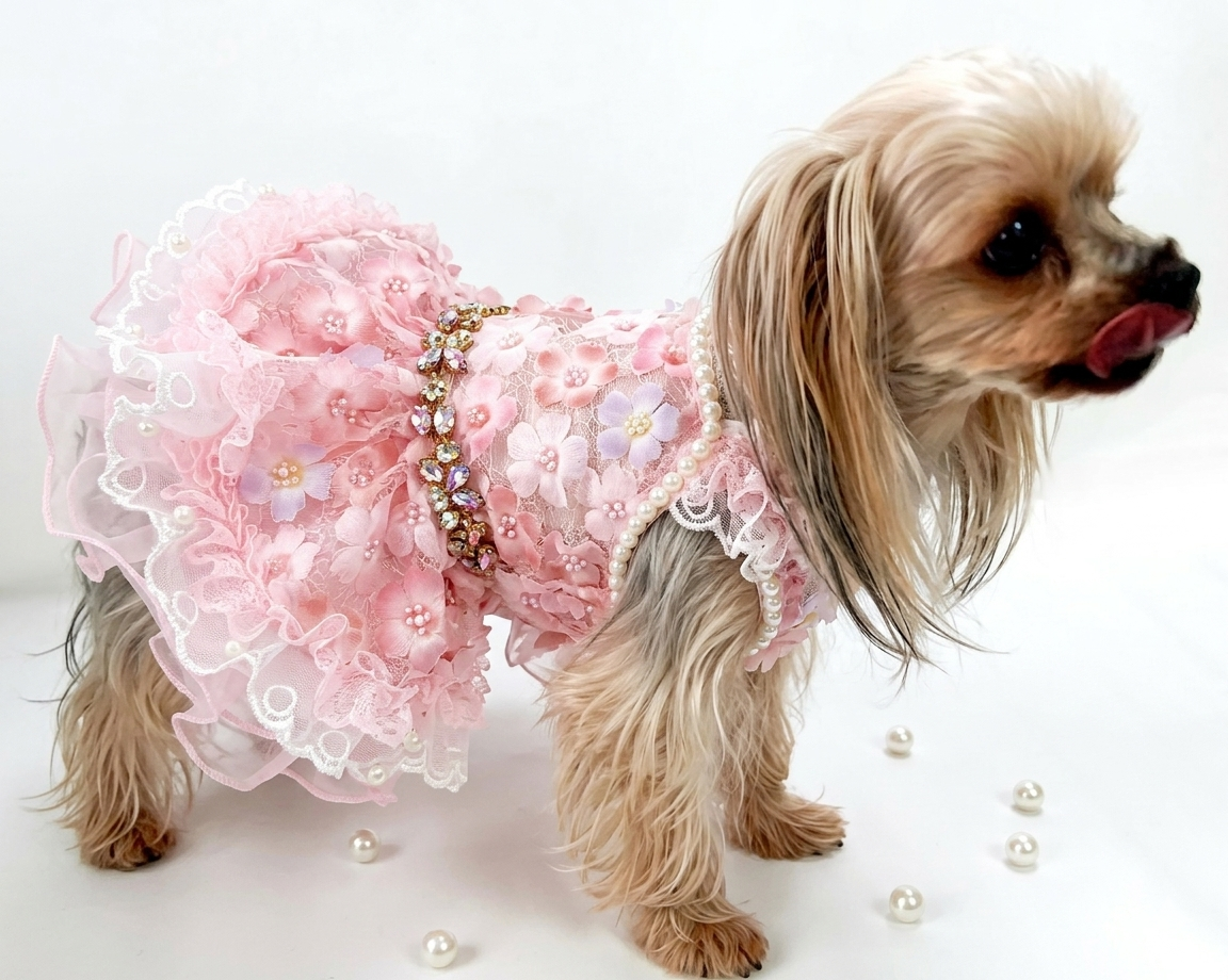 Luxury Pink Floral Dog Dress – Pearl Lace Princess Pet Dress Pink Blossom Princess