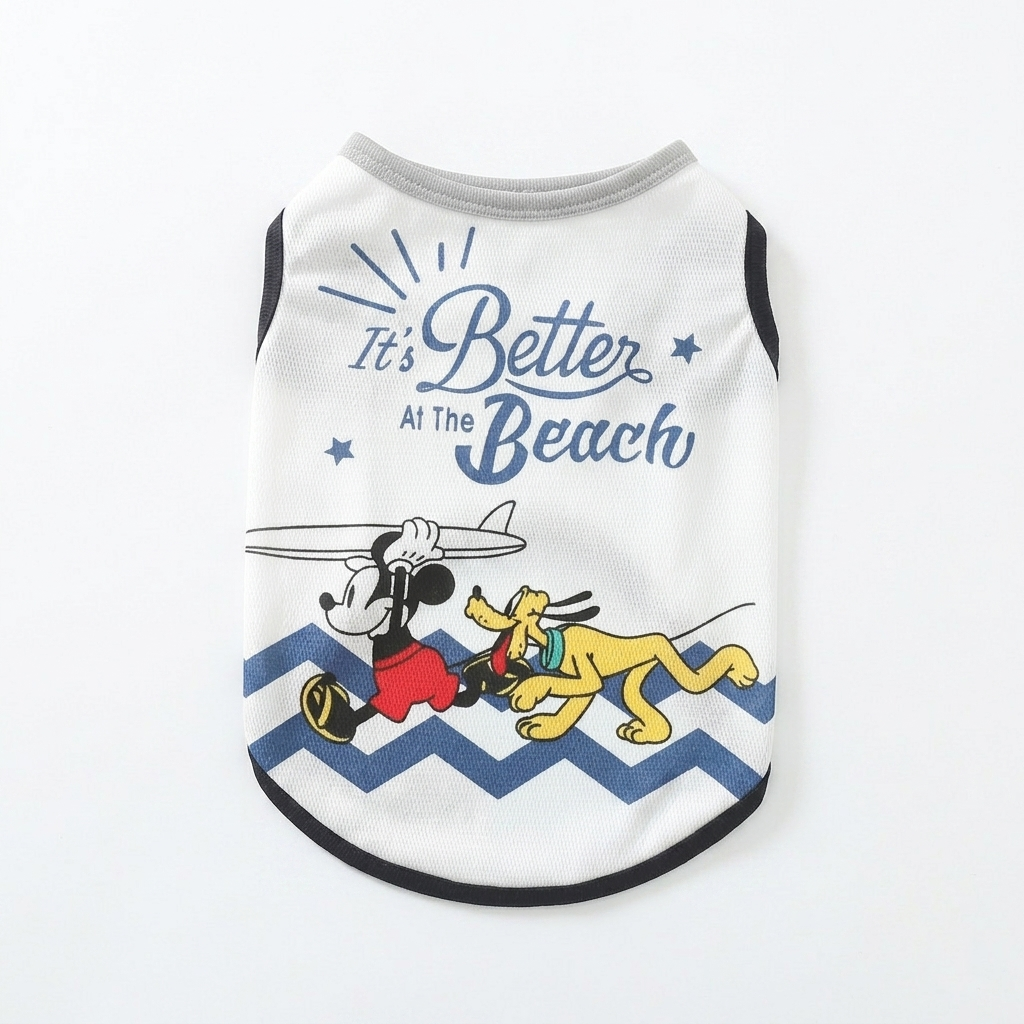 Beach day cartoon dog tank top front view with breathable mesh fabric and seaside-inspired print