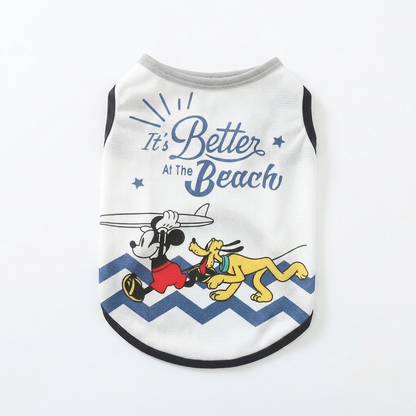 Beach day cartoon dog tank top front view with breathable mesh fabric and seaside-inspired print