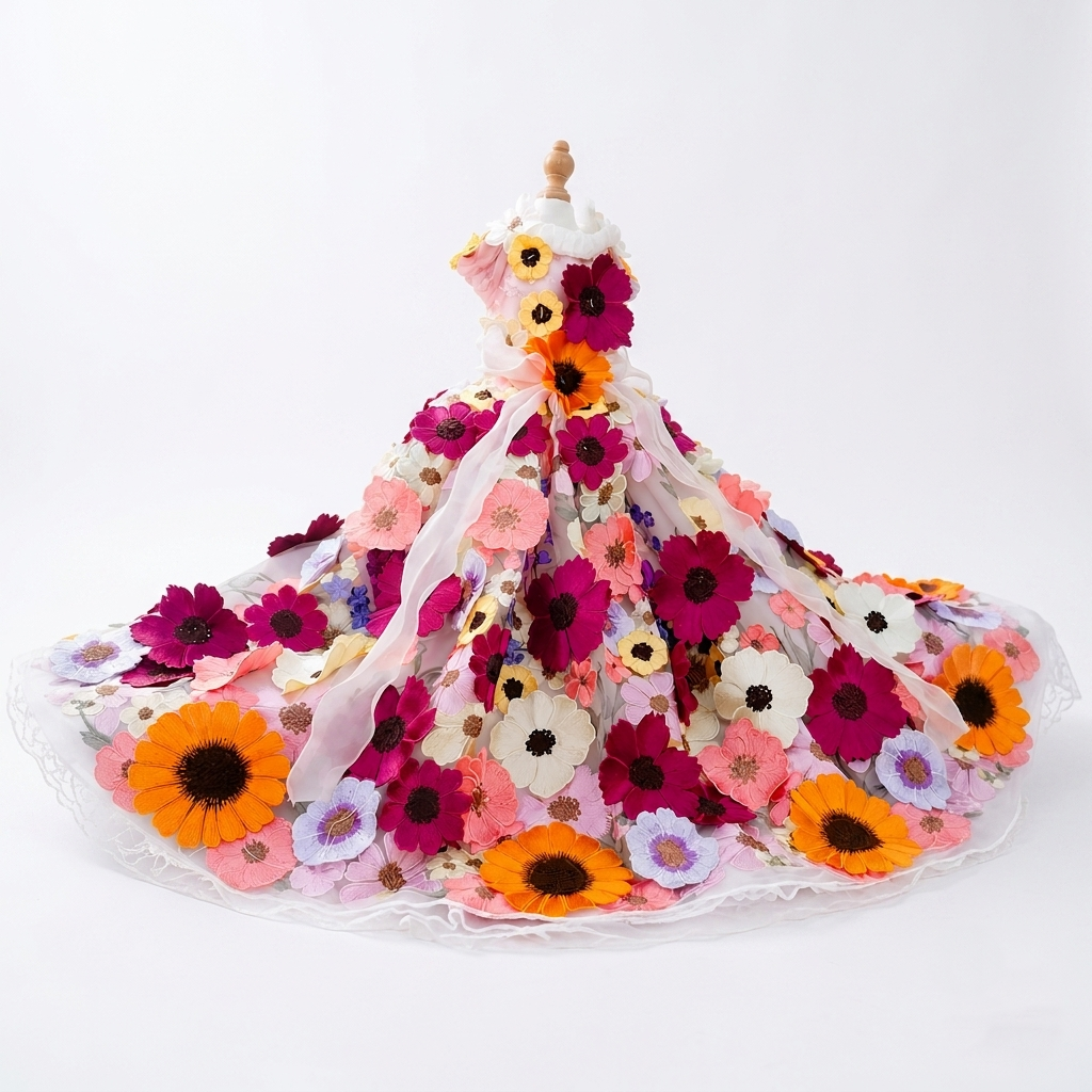 Full view of pink floral embroidered pet dress with sheer overlay and garden flower design