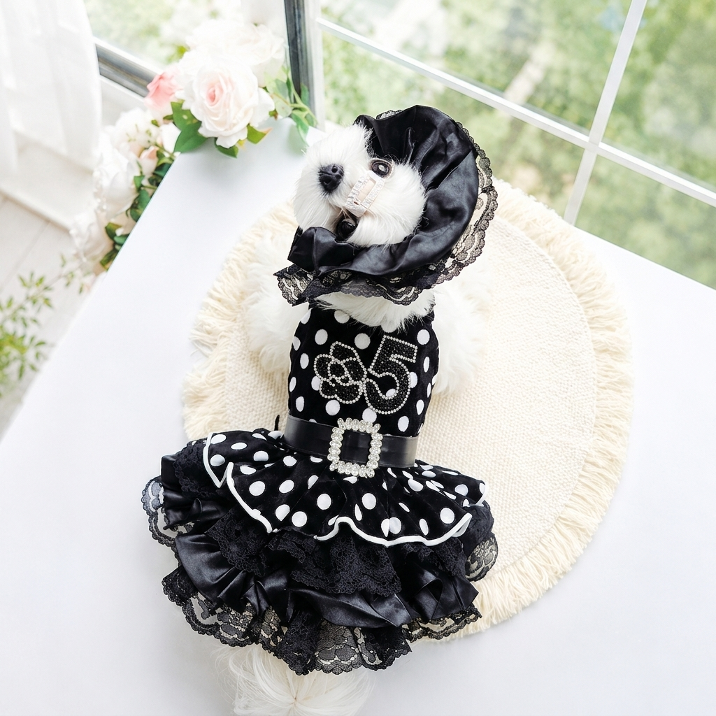 Velvet Black Polka Dot Lace Pet Dress with Matching Bonnet boutique pet outfit detail photo 1