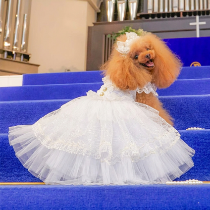 Handmade Victorian Luxury White Dog Wedding Dress with Crinoline Skirt – Bridal Pet Gown for Ceremony & Photoshoot