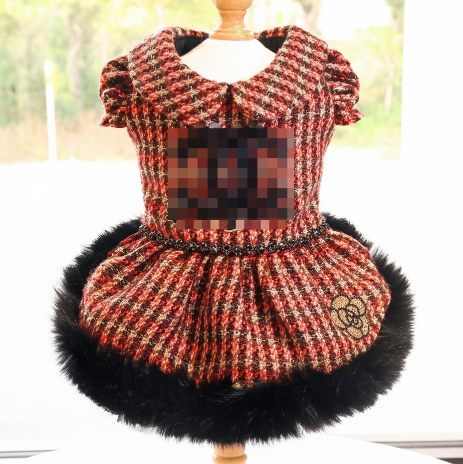 Pet Dress Classic Red Tweed  with Faux Fur Hem & Sequin Detail - Party Outfit