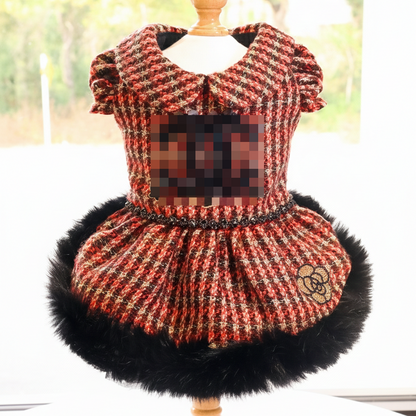 Pet Dress Classic Red Tweed  with Faux Fur Hem & Sequin Detail - Party Outfit
