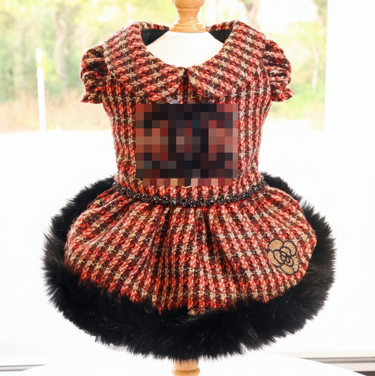 Pet Dress Classic Red Tweed  with Faux Fur Hem & Sequin Detail - Party Outfit