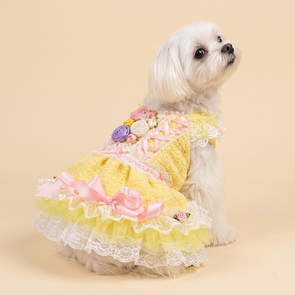 Yellow Princess Tweed Dog Dress – Luxury Lace Boutique Outfit for Small Dogs
