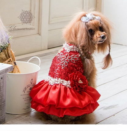 Handmade Luxury Red Sequin Dog Dress – Elegant Pet Party Dress with Pearl Lace