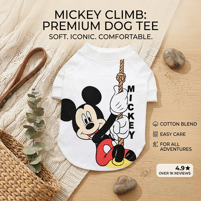 White cartoon mouse dog t-shirt with multicolor climbing graphic for small pets