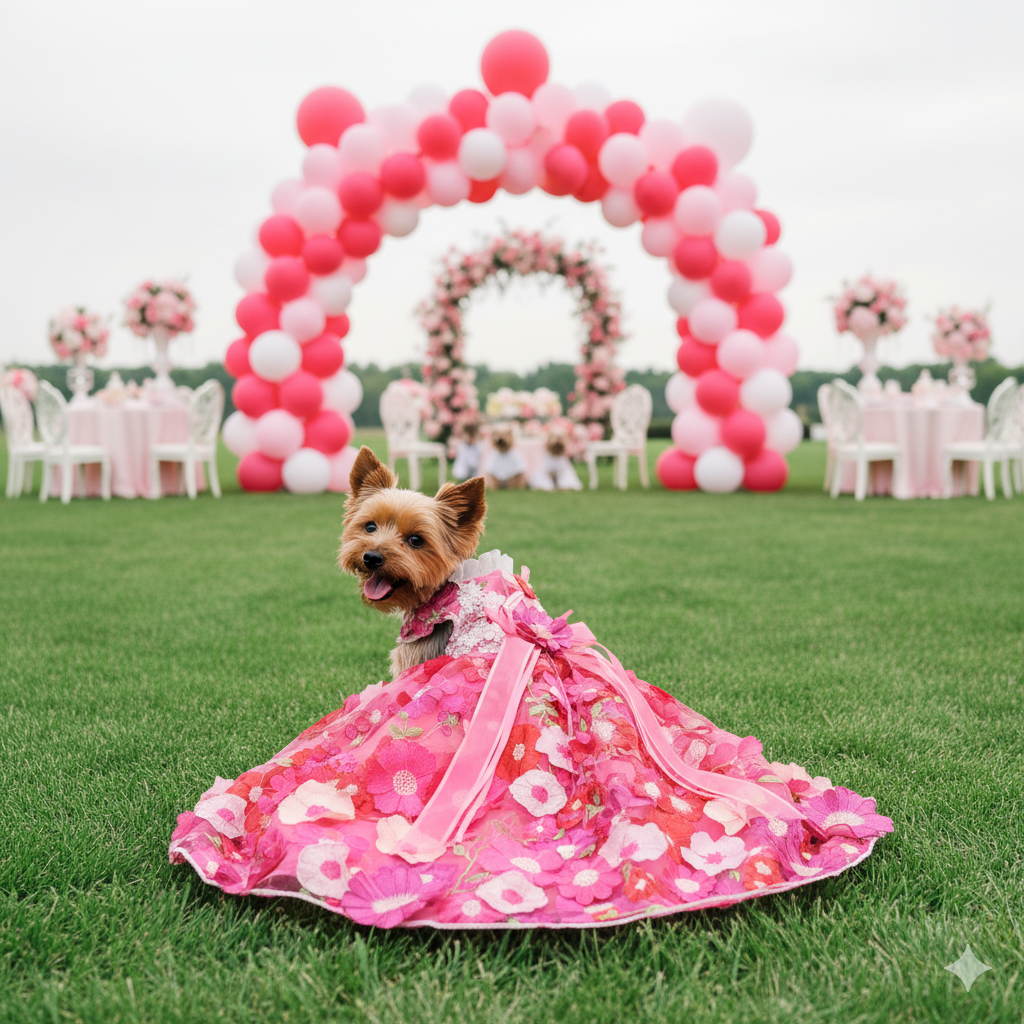 Handmade 3D Floral Embroidered Pet Gown – Hot-Pink Princess Train Dress
