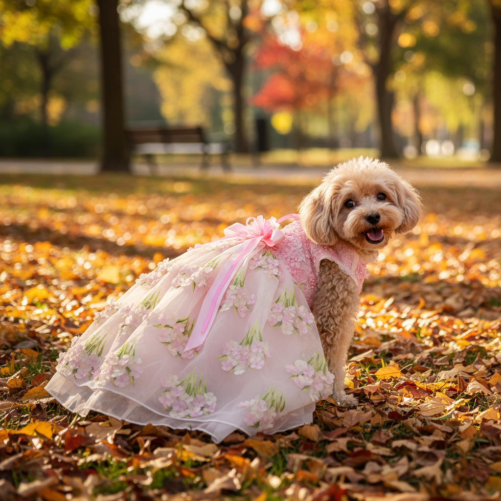 Pet Dress Pink Floral Tulle Gown with Bow
