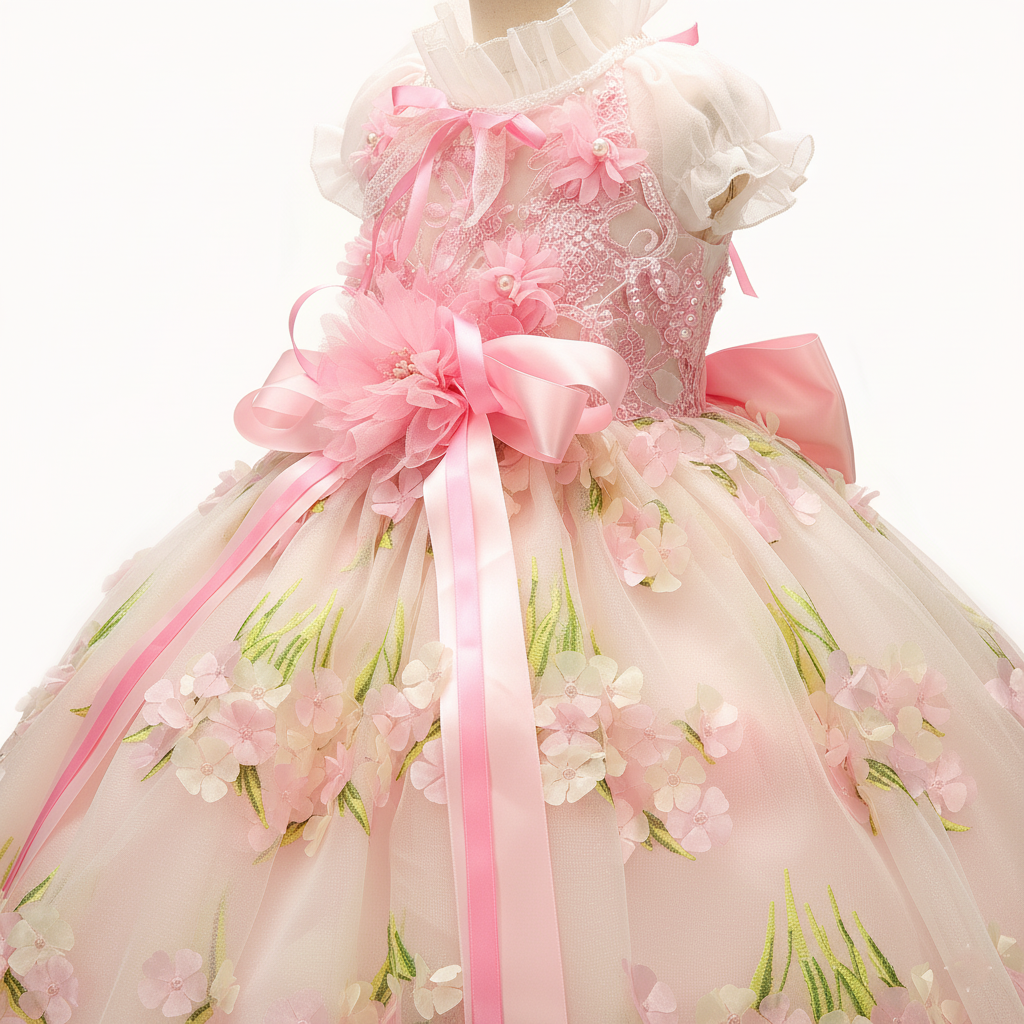 Pet Dress Pink Floral Tulle Gown with Bow