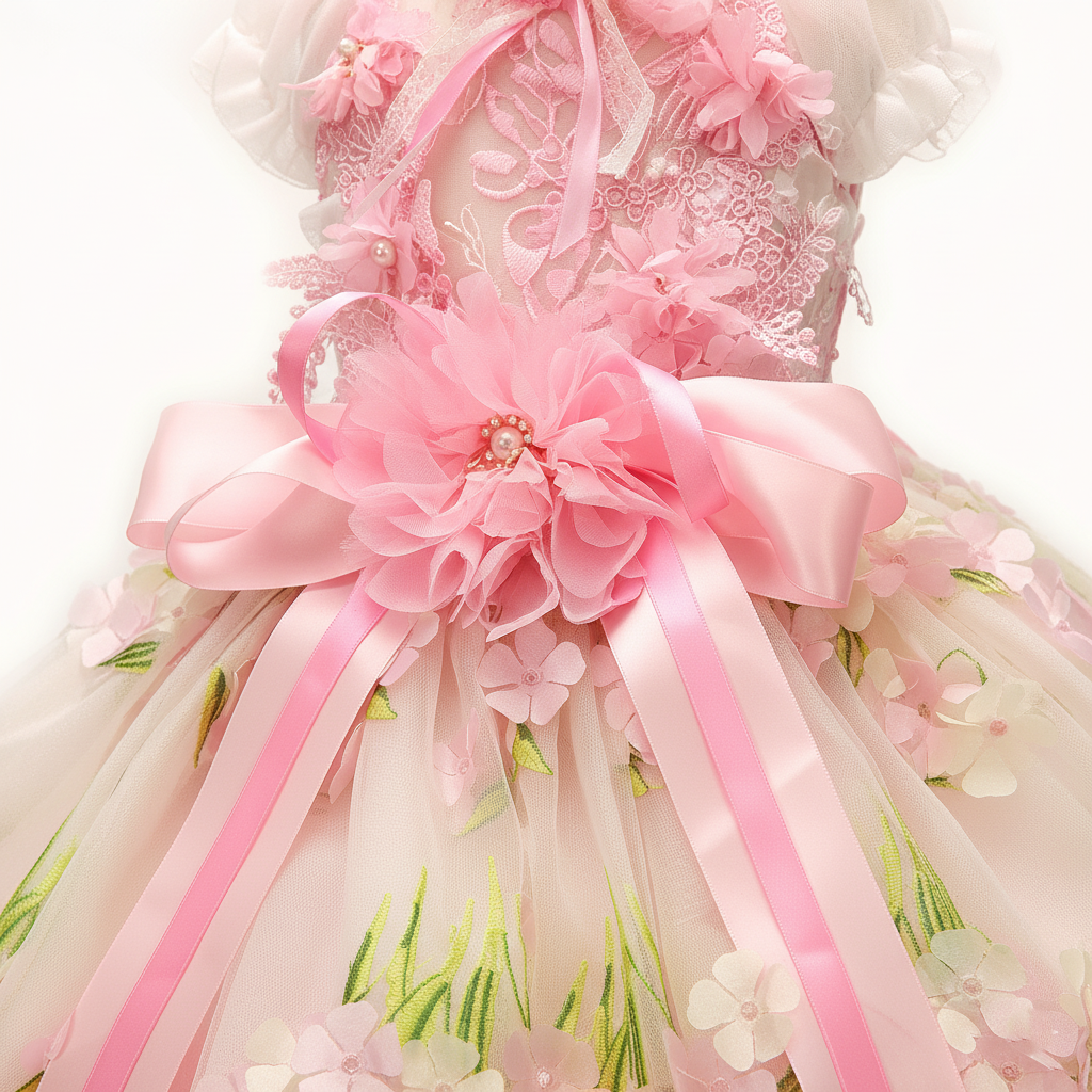 Pet Dress Pink Floral Tulle Gown with Bow