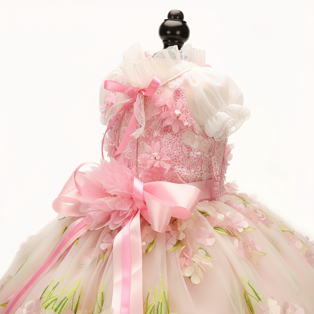 Pet Dress Pink Floral Tulle Gown with Bow