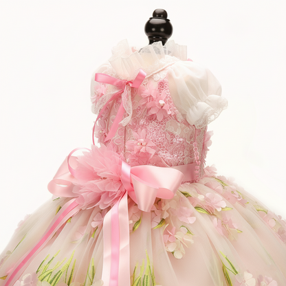 Pet Dress Pink Floral Tulle Gown with Bow