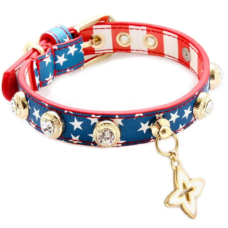 Handmade Patriotic American Flag Pet Collar Small and Medium Dogs Collar Leash