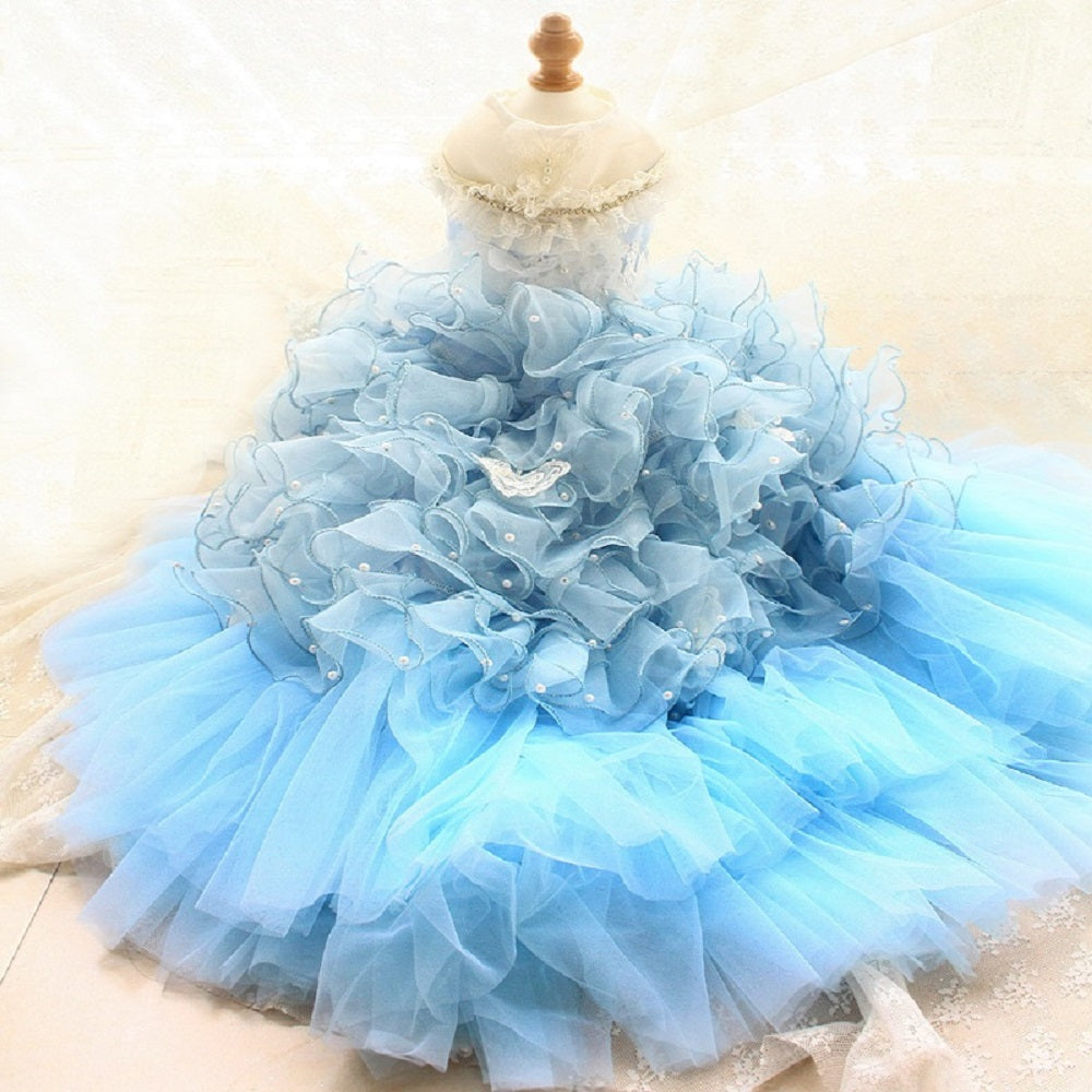 Handmade Luxury Pet Gown Trailing Dress Blue Chiffon Dog Gown Dog Dress