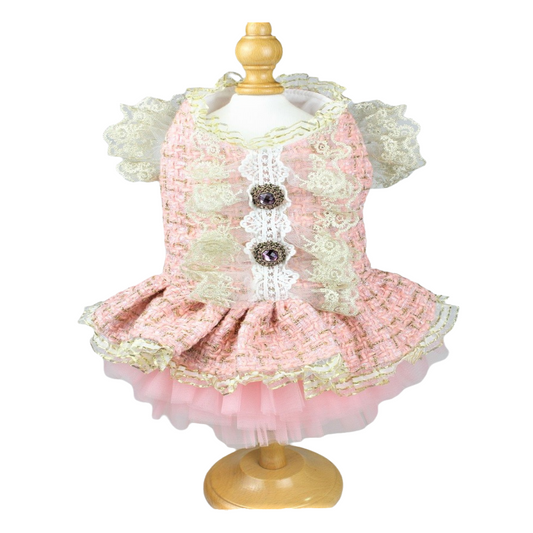 Vintage Pink Tweed Dog Dress - Elegant Pet Formal Wear with Jewel Accents