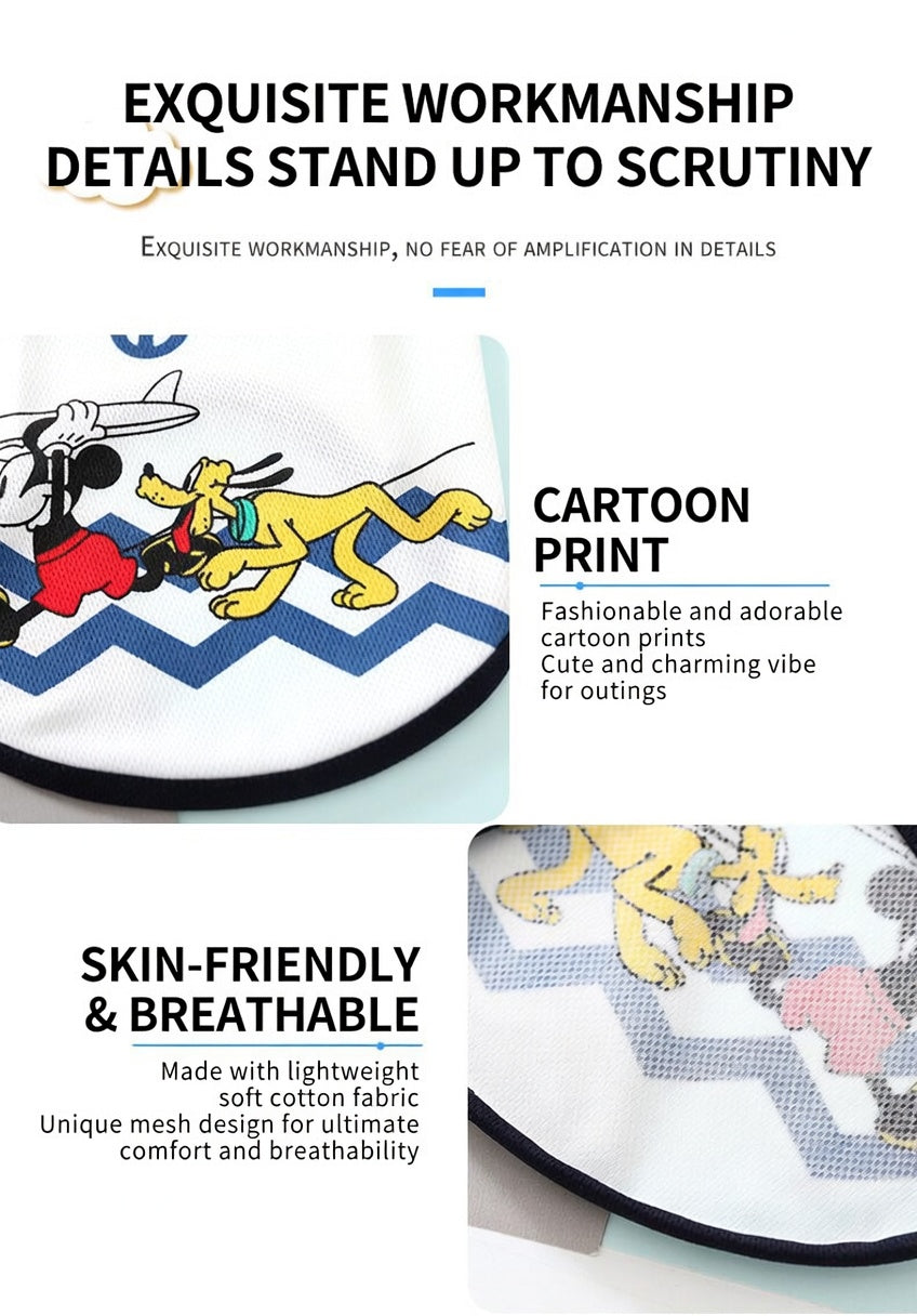Lightweight summer pet shirt displayed on mannequin showcasing beach-themed cartoon artwork